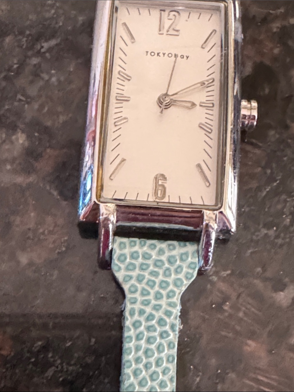 TOKYObay Silver Rectangular Watch with Light Blue Textured Strap
